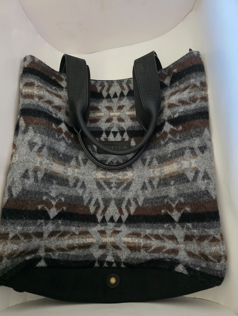 Pendleton Colorful Wool Native Aztec Pattern Tote Bag Gray Handbag Leather